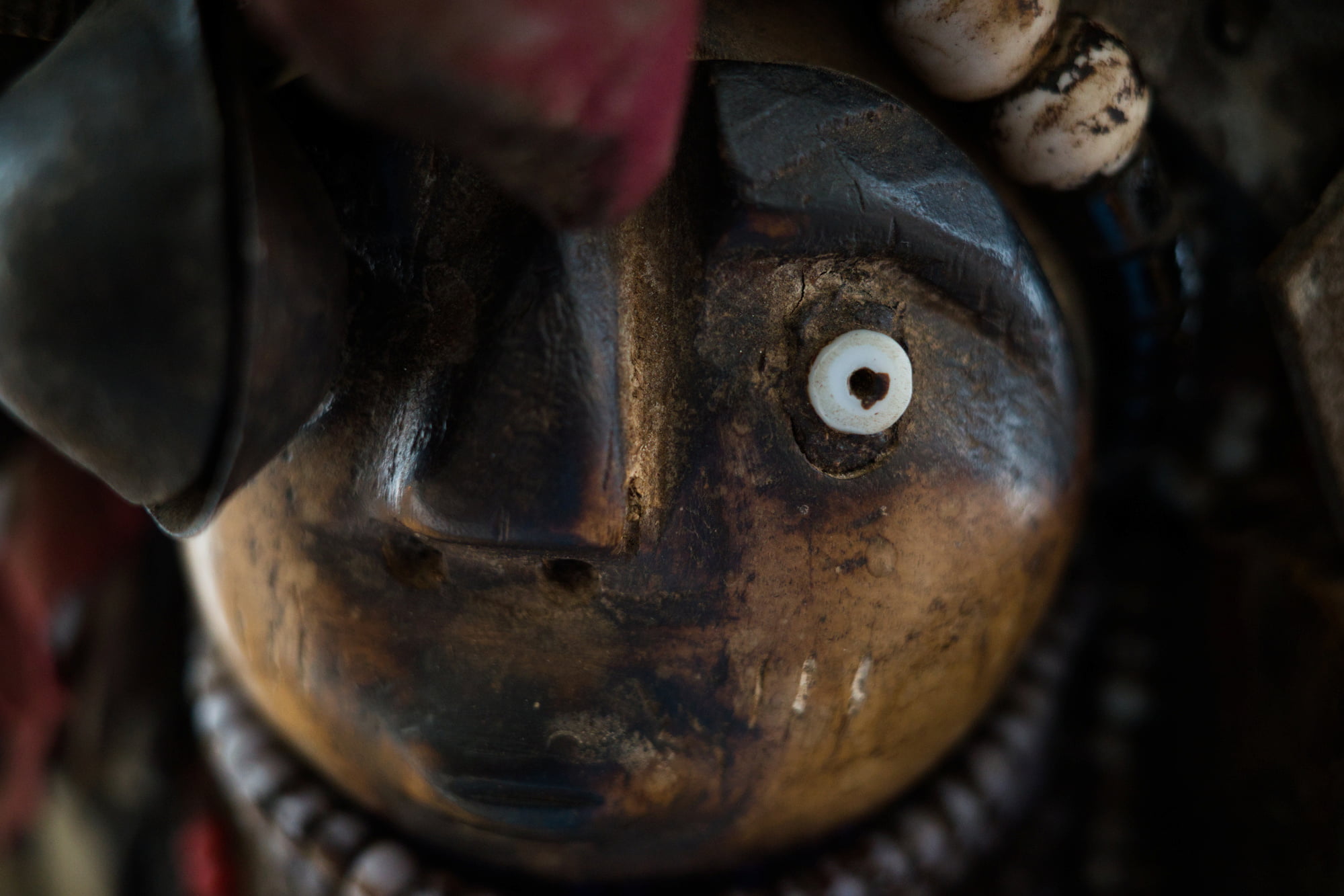 Close-up of a beaded African ceremonial mask.