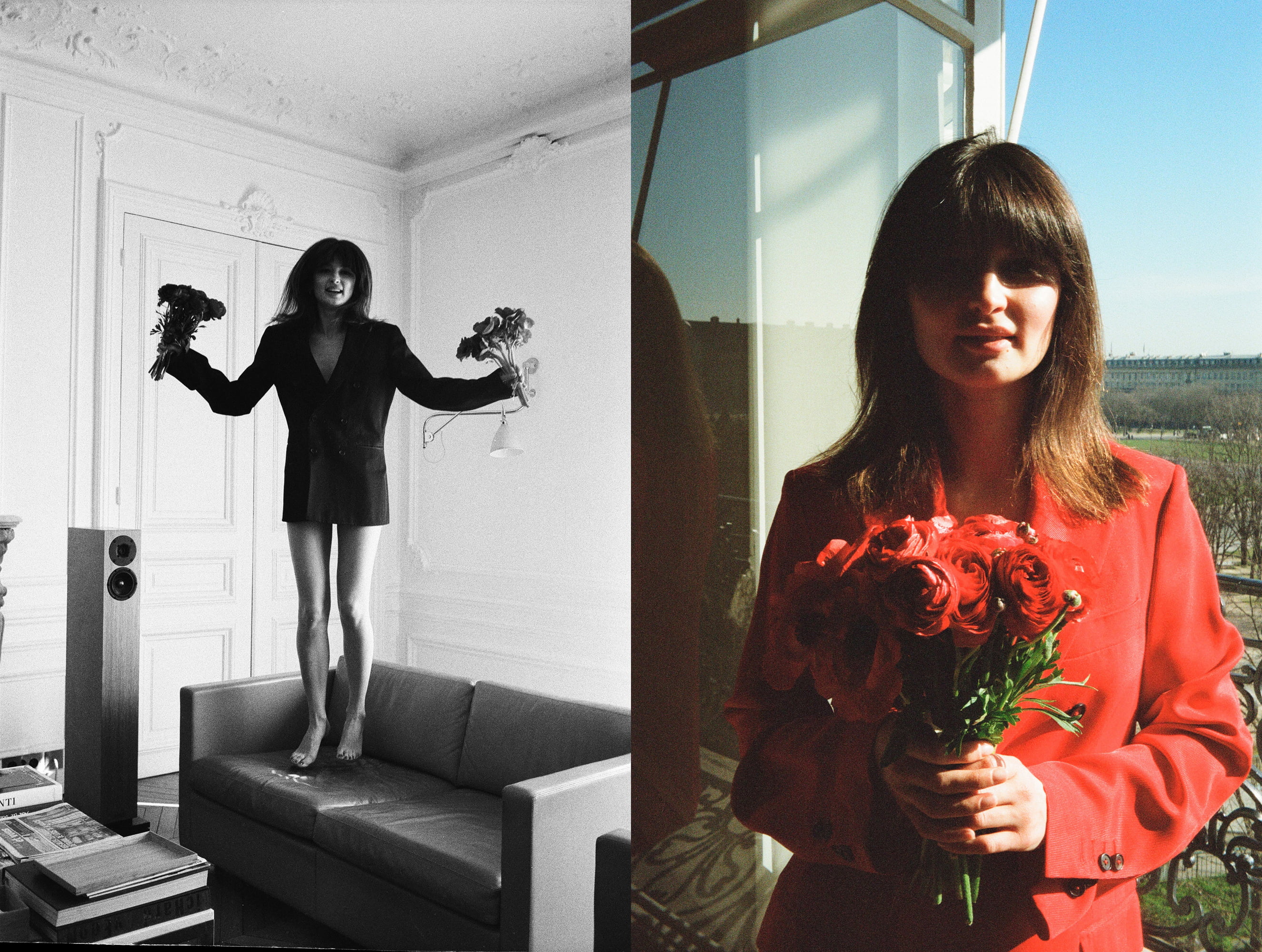 Diptych of Ariadna holding flowers, standing on a sofa in black and white and posing on a balcony in a red jacket