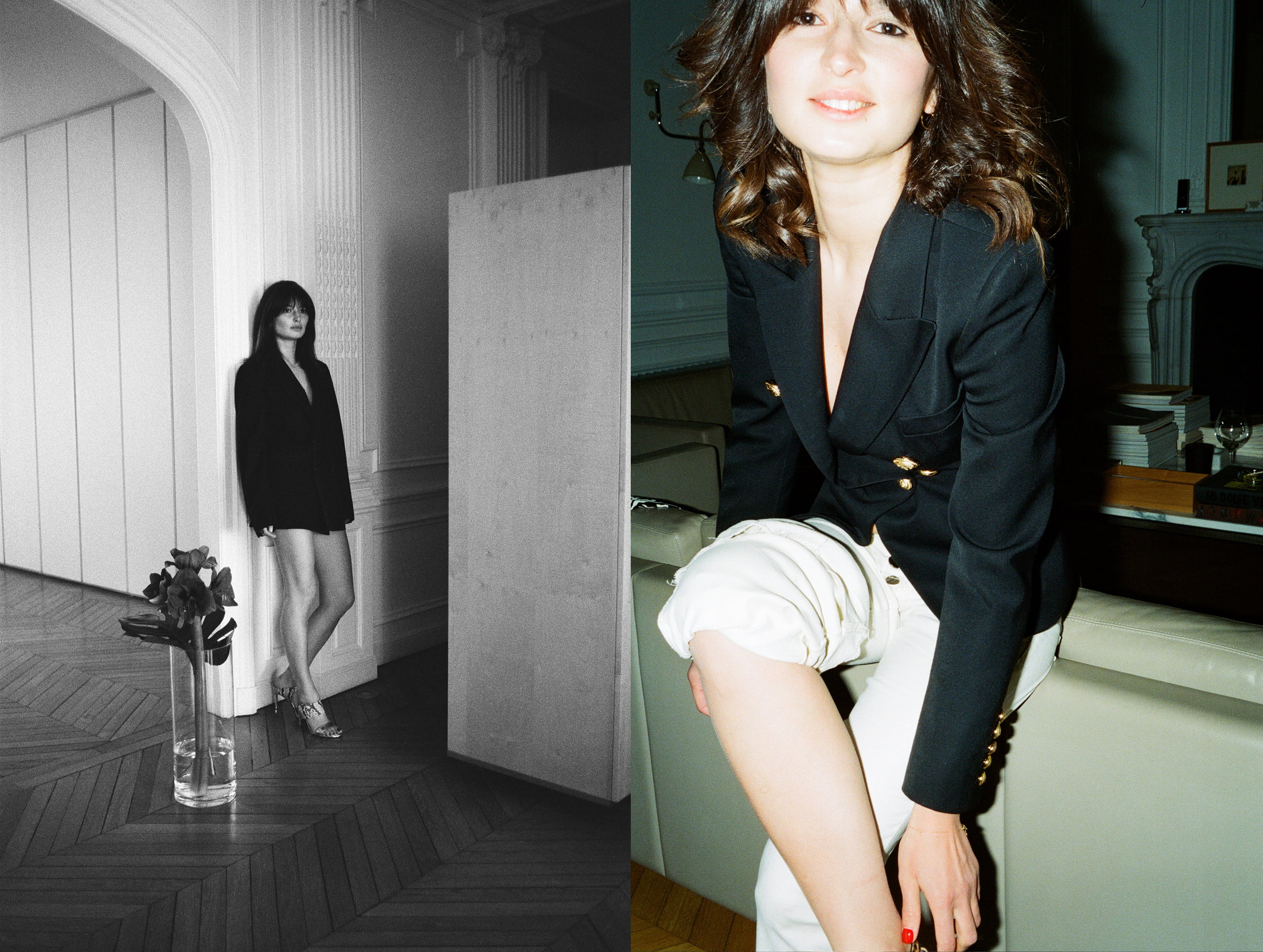 Diptych of Ariadna standing beside flowers in black and white and seated on a sofa in a black blazer