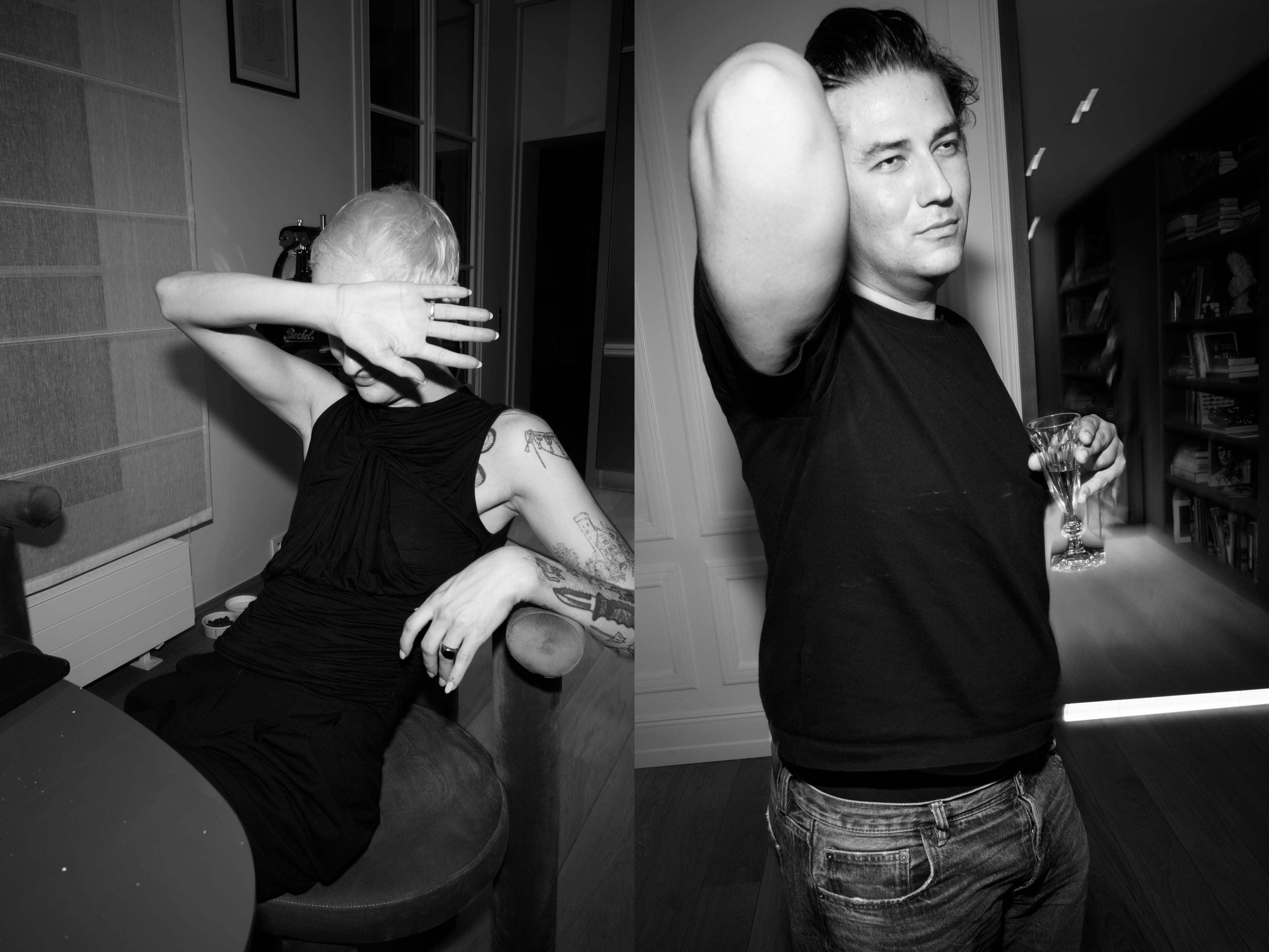Two portraits of guests shielding themselves from the flash with raised arms.