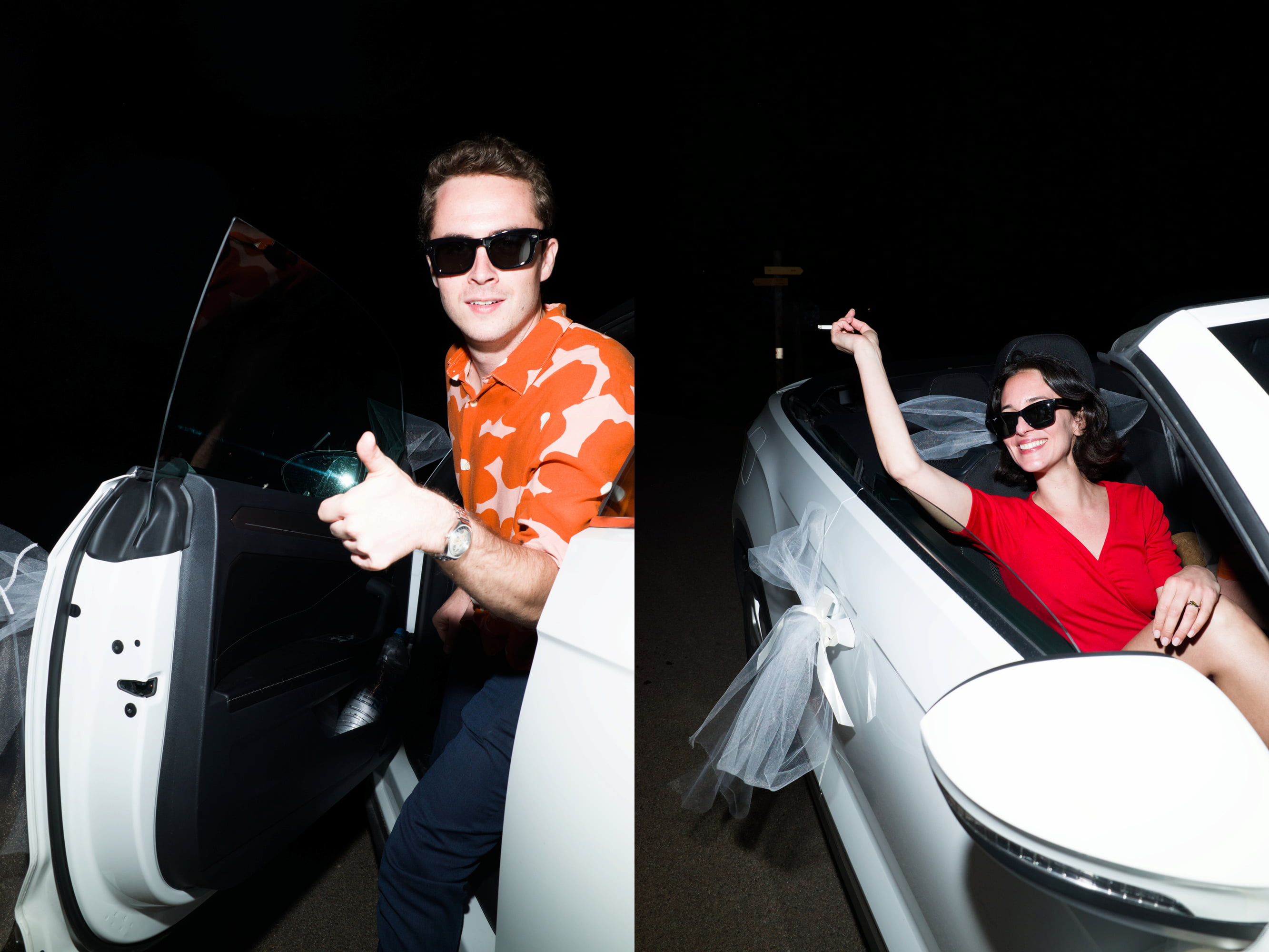 Gabriel and Eléa posing beside a white convertible decorated with tulle at night.
