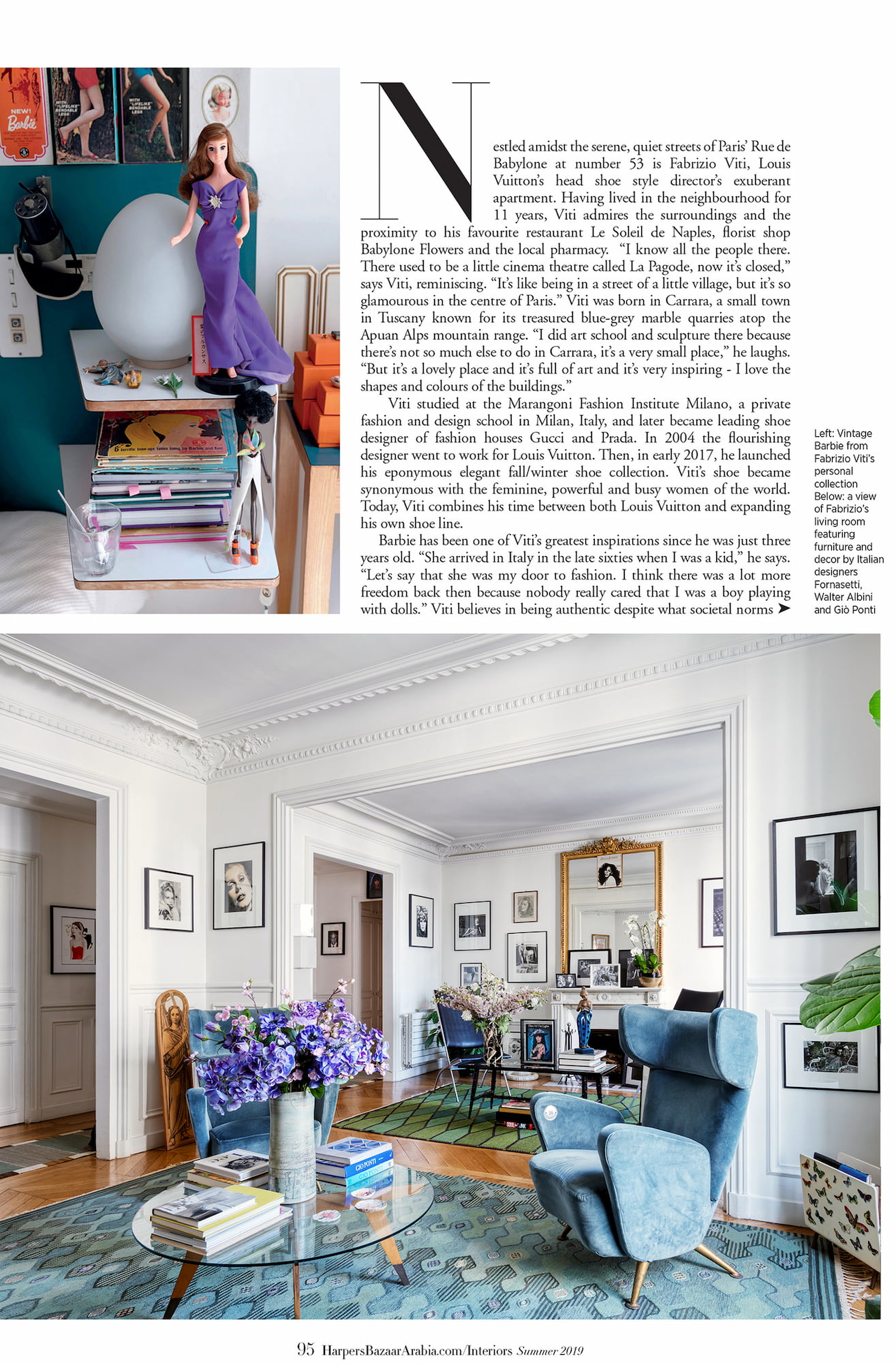 Magazine page from Harper’s Bazaar Arabia featuring Fabrizio Viti’s Barbie collection and a view of his living room