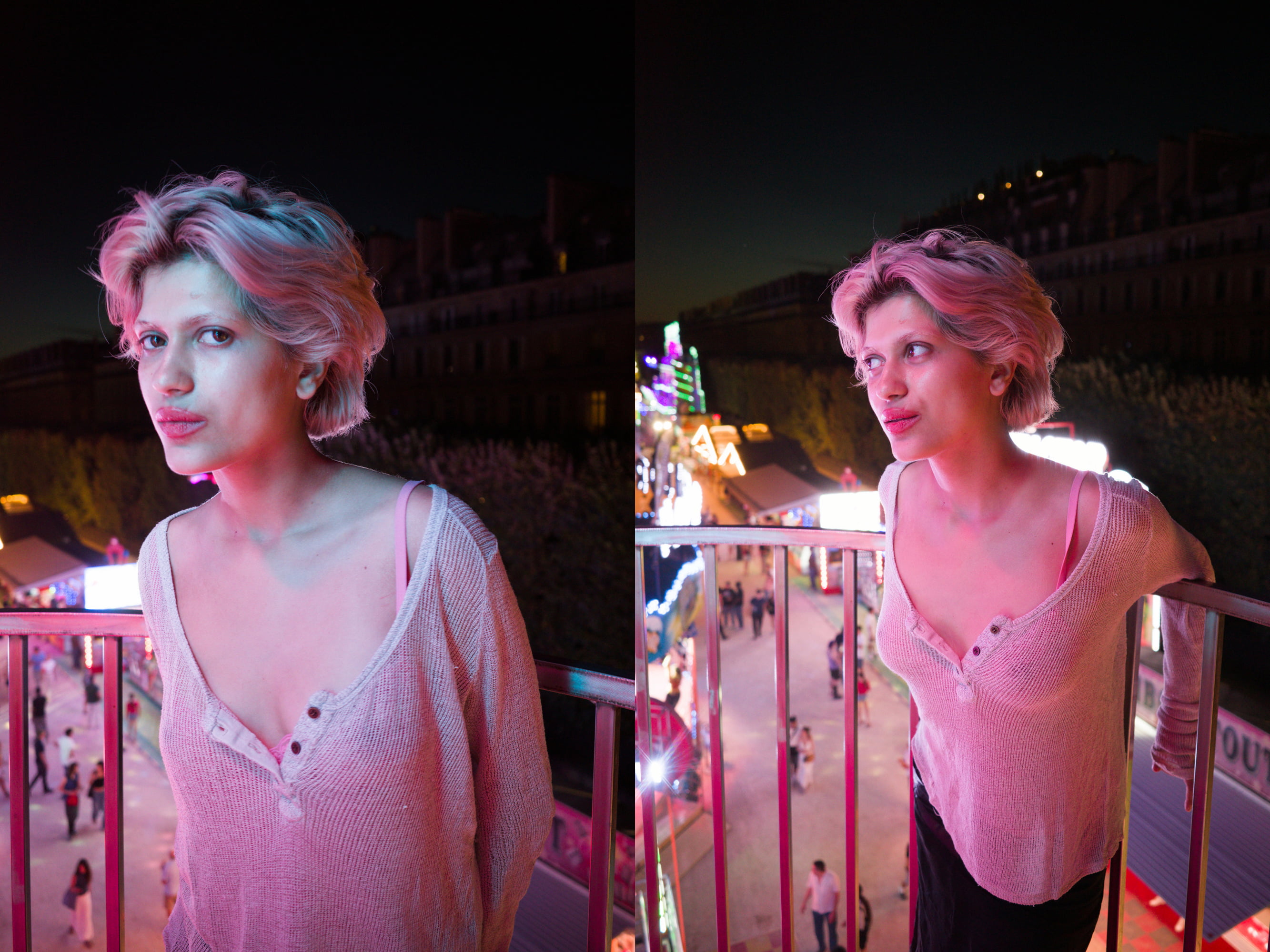 Portrait of Juliette inside a Ferris wheel gondola overlooking illuminated fairground rides at night.