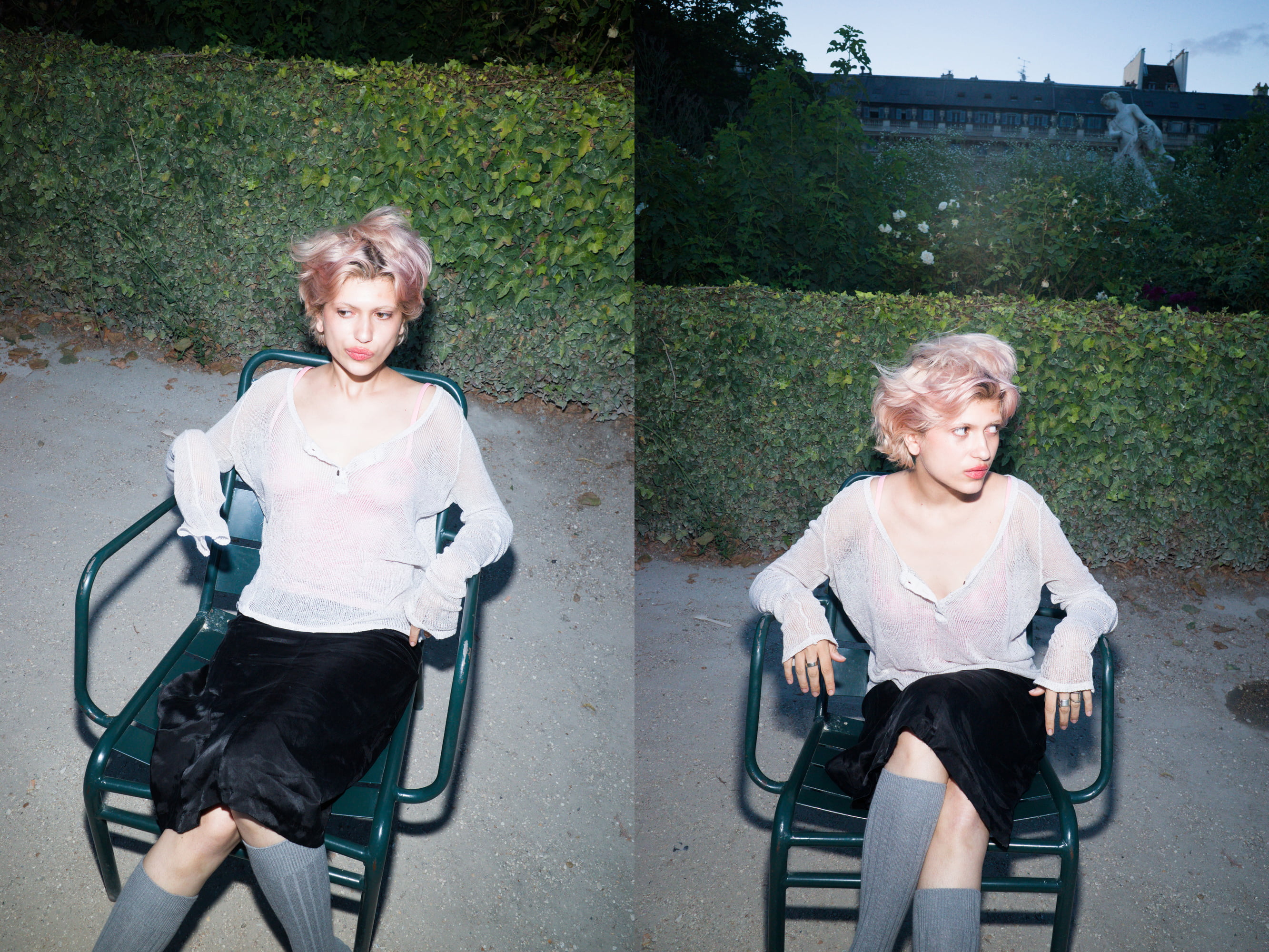 Diptych of Juliette sitting on green metal chairs in the Tuileries Garden at dusk.