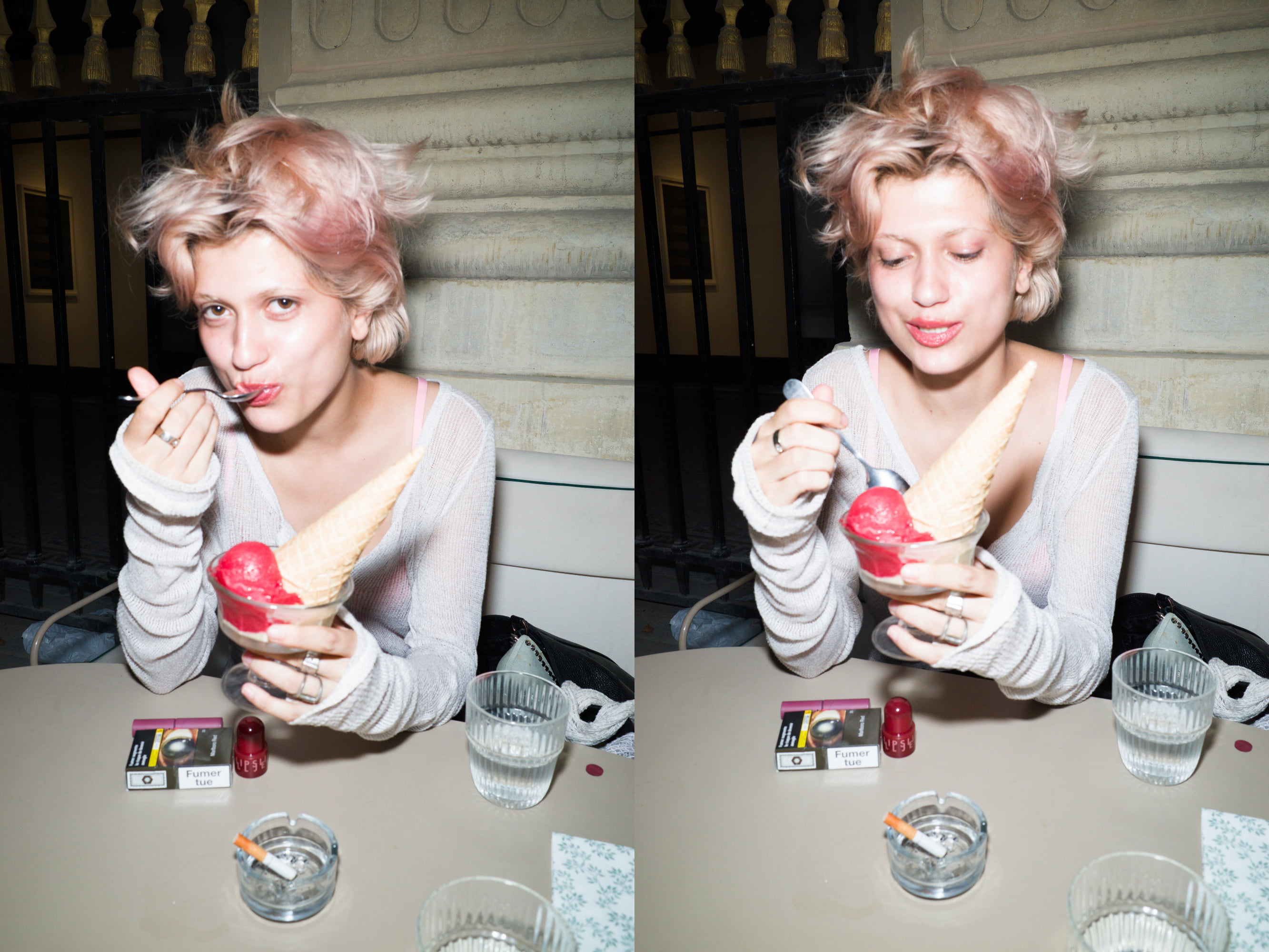 Diptych of Juliette eating raspberry sorbet at an outdoor café near Palais-Royal.