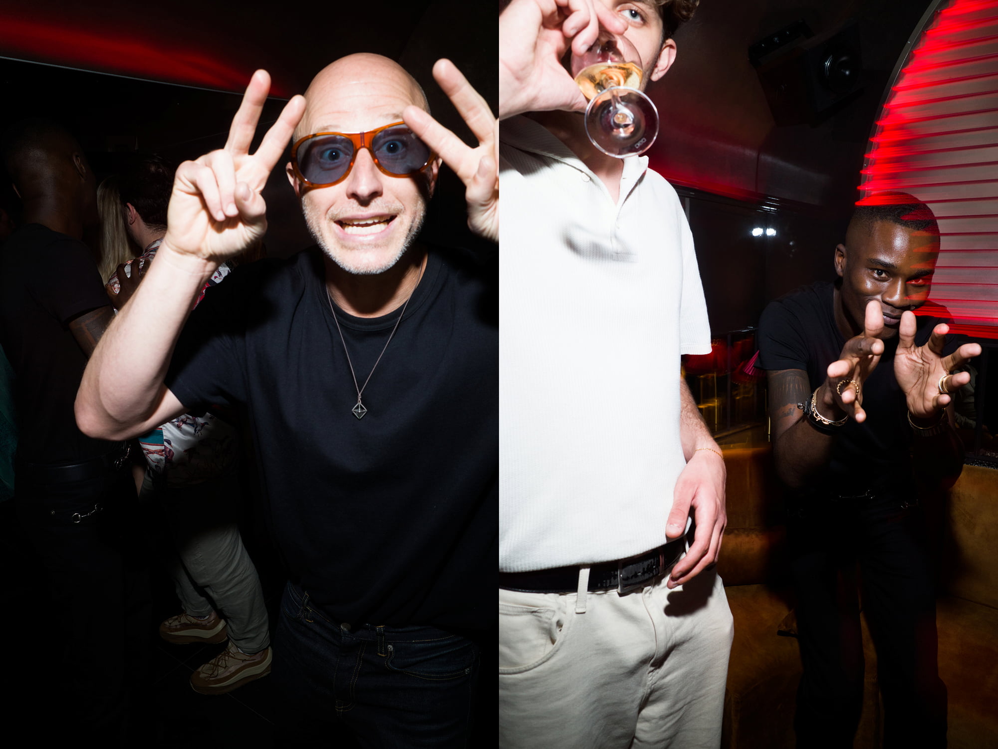 Diptych of party guests posing for the camera, including a bald man in tinted glasses making peace signs and two men holding drinks.