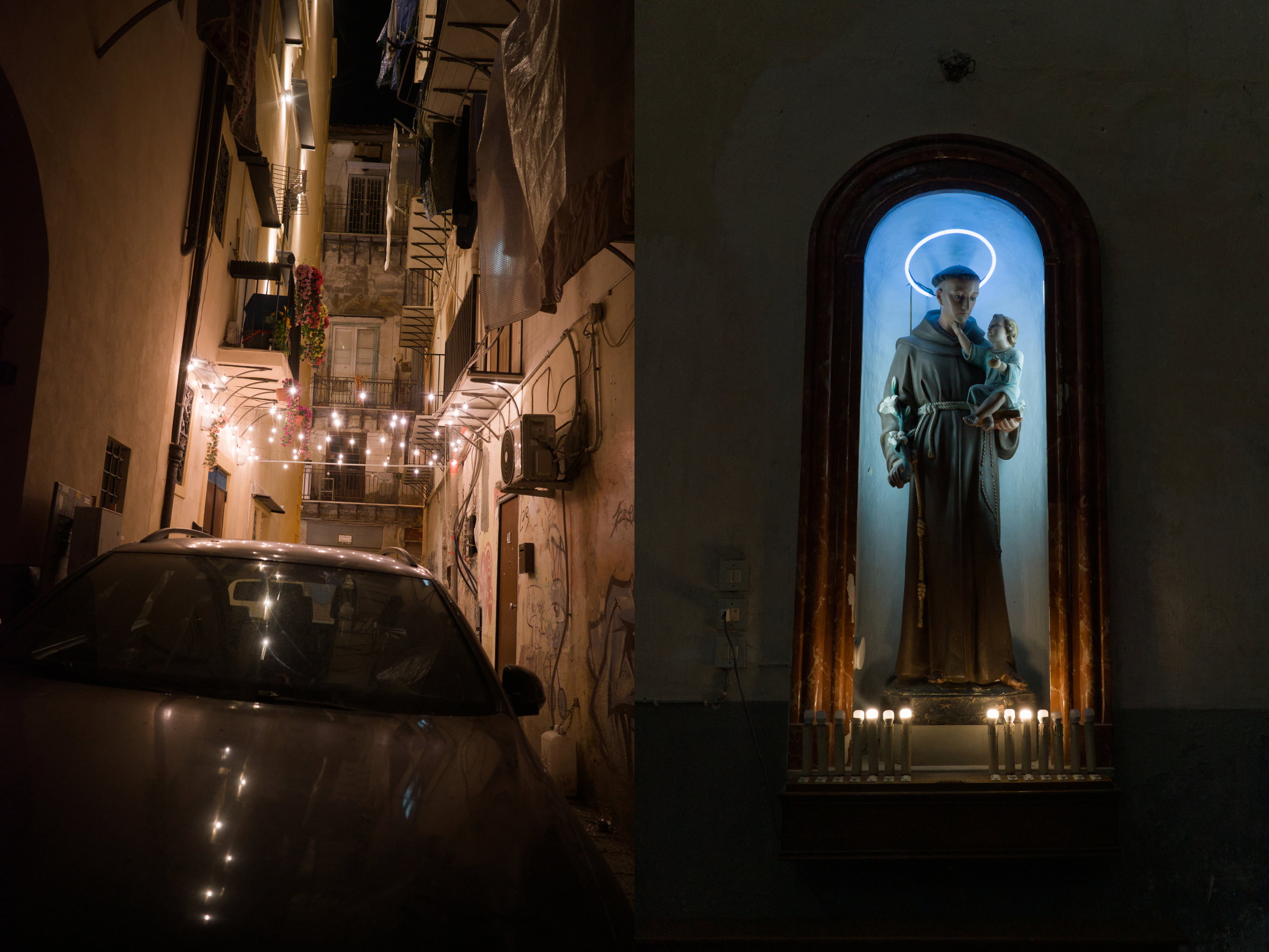 Diptych of a narrow Palermo street at night and a lit religious statue in a wall niche