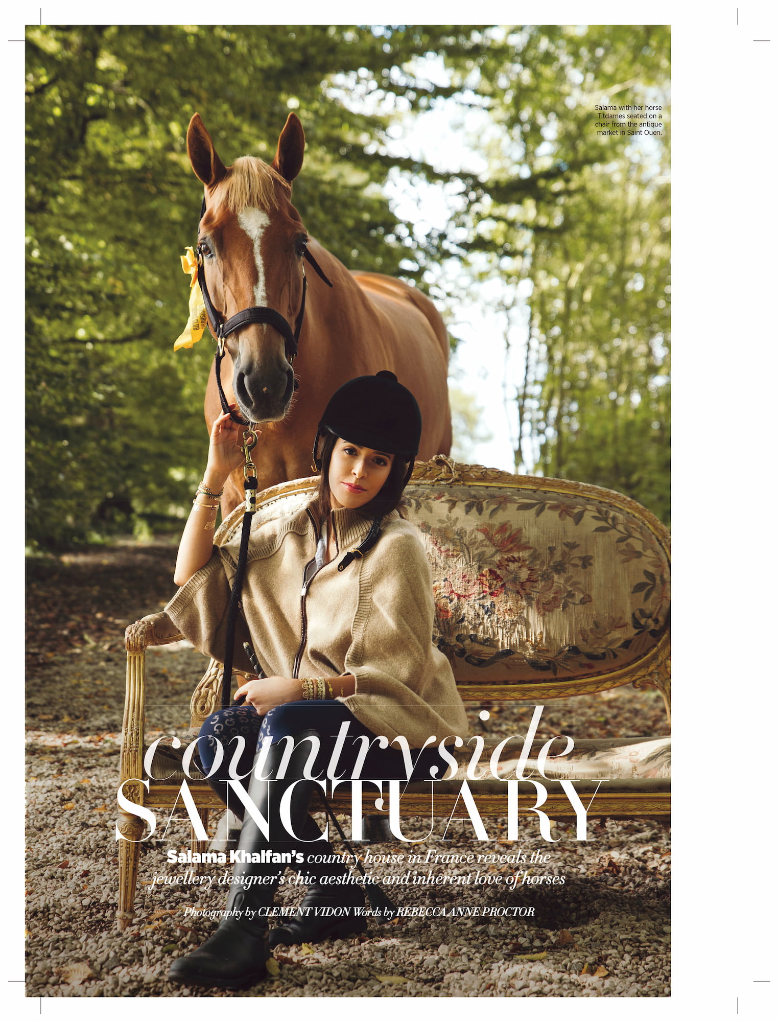 Salama Khalfan seated on an antique chair beside her horse in the French countryside for Harper’s Bazaar Arabia
