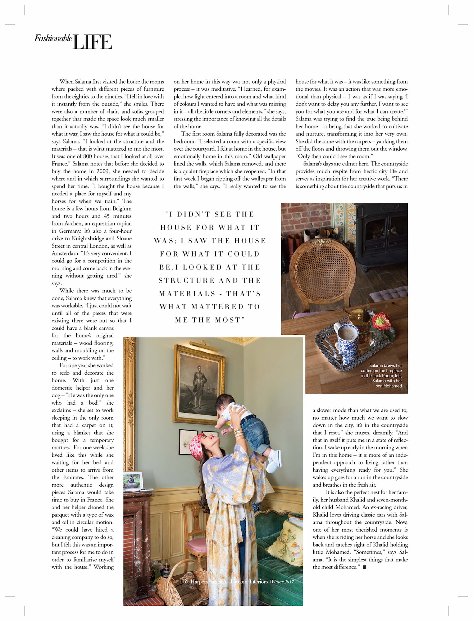 Magazine page from Harper’s Bazaar Arabia featuring Salama Khalfan with her son and coffee by the fireplace