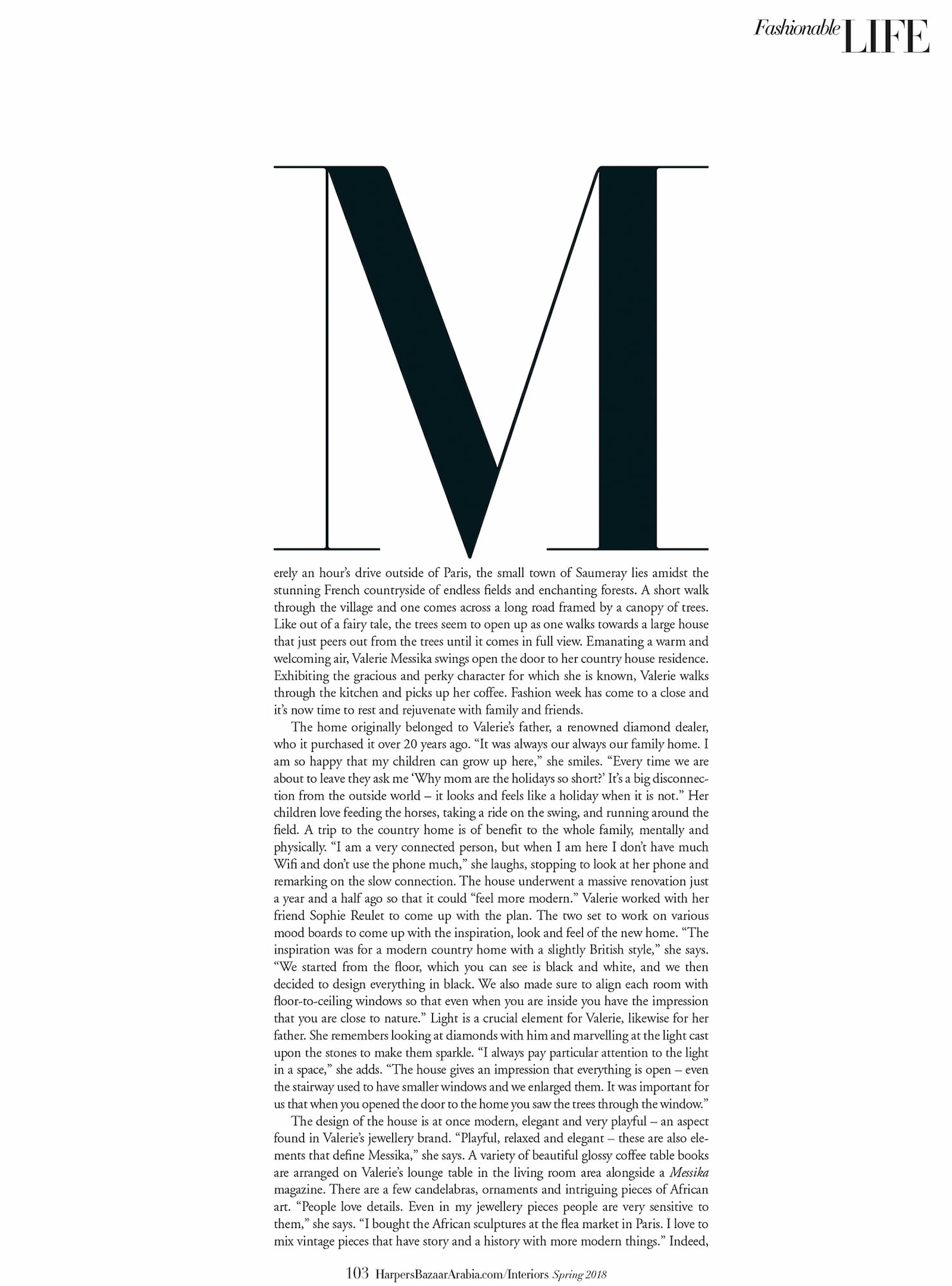 Magazine page from Harper’s Bazaar Arabia featuring text from the Valérie Messika country house editorial