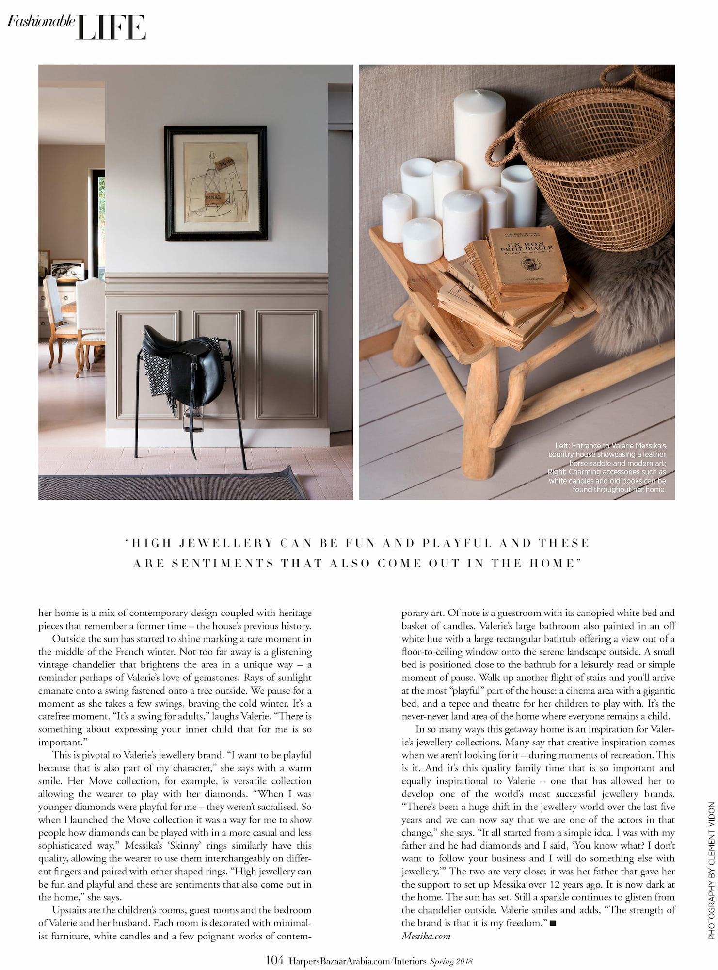 Interior details from Valérie Messika’s country house with a horse saddle, candles, old books, and a woven basket