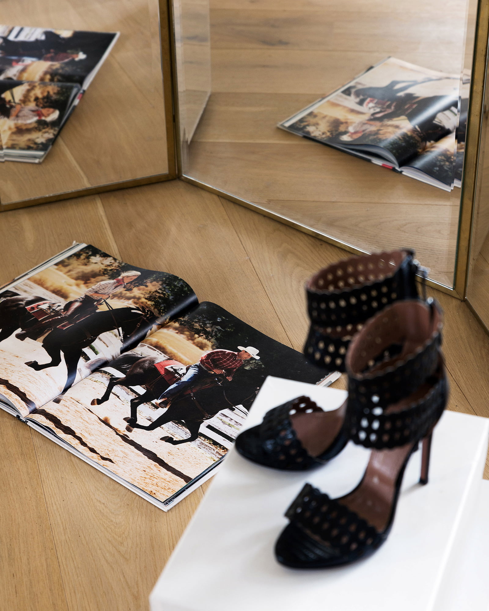 Black high-heeled shoe displayed beside open horse books and mirror reflections on a wooden floor